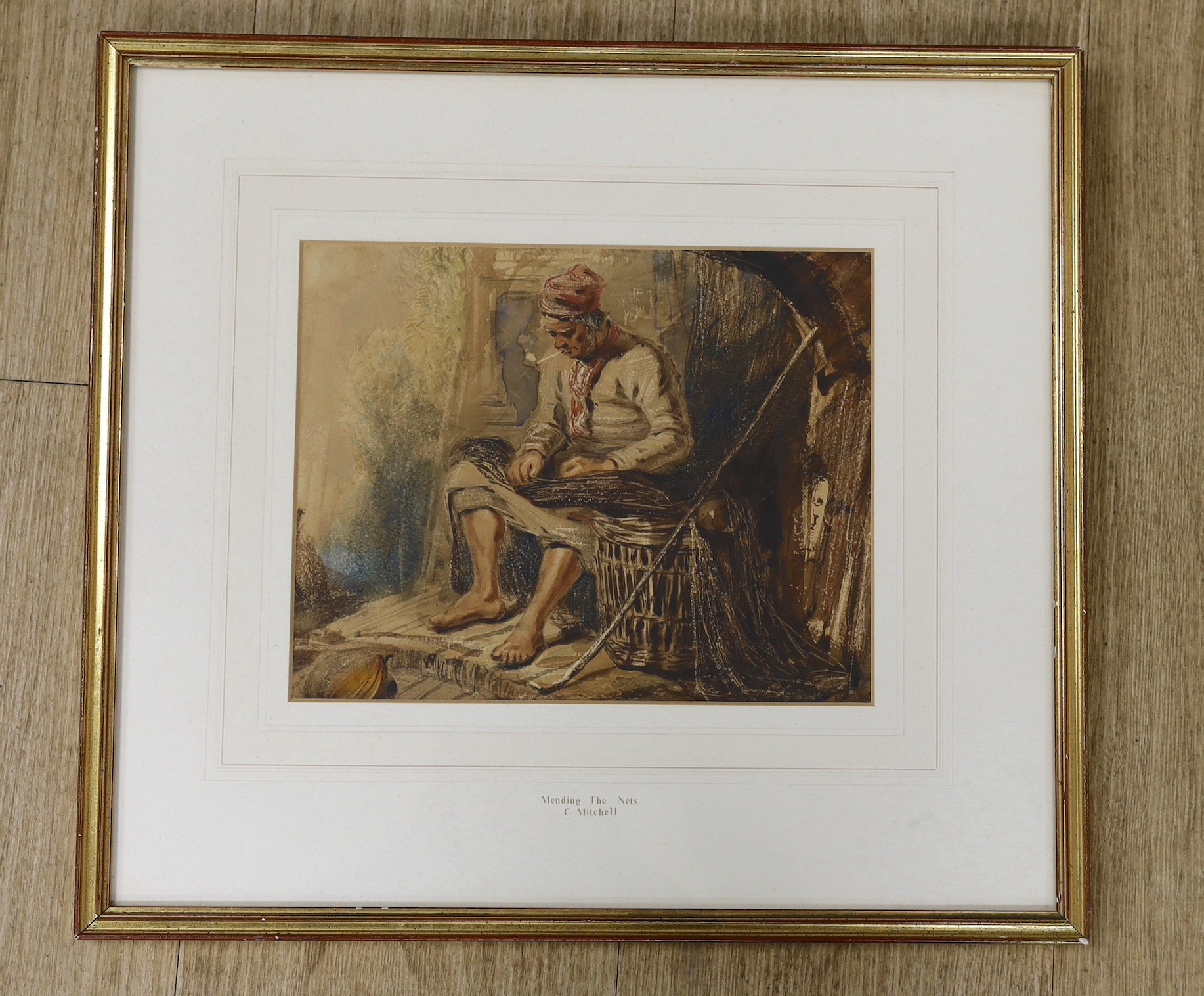 C. Mitchell (19th century), watercolour, 'Mending the nets', 19 x 24cm